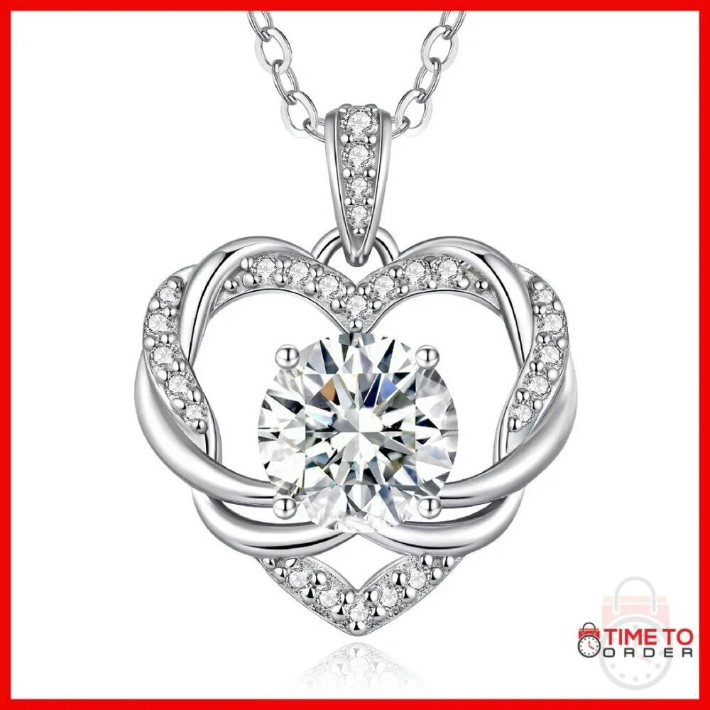 2 Carat Moissanite Heart Necklace Sterling Silver Adjustable Chain